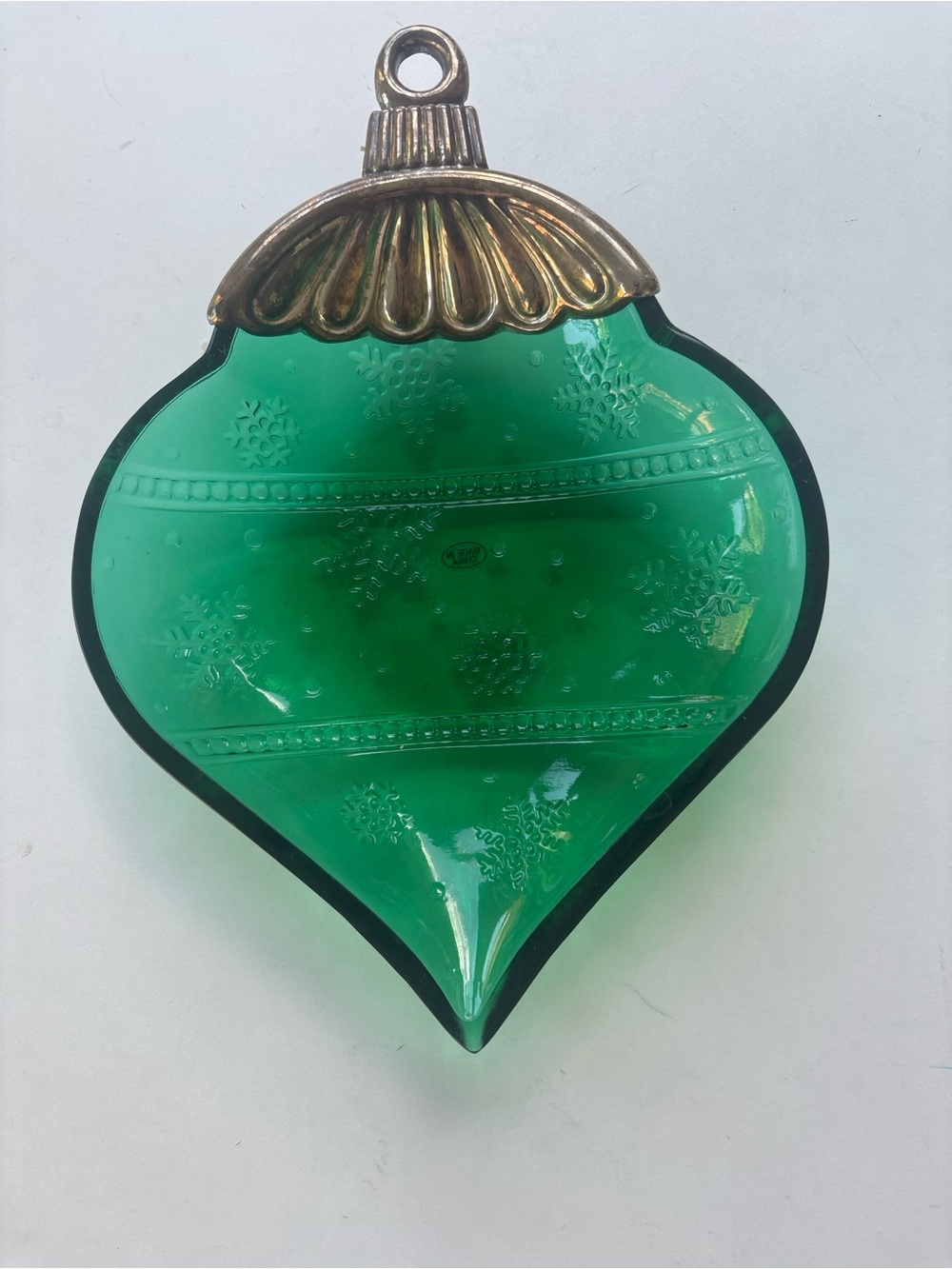 Green Glass Christmas Ornament Dish with Metal Hanger